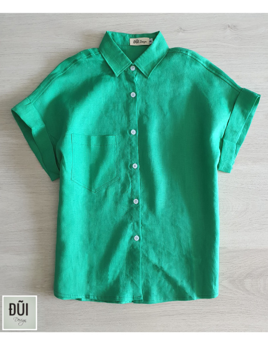 Áo đũi nữ cổ bẻ cộc tay xanh