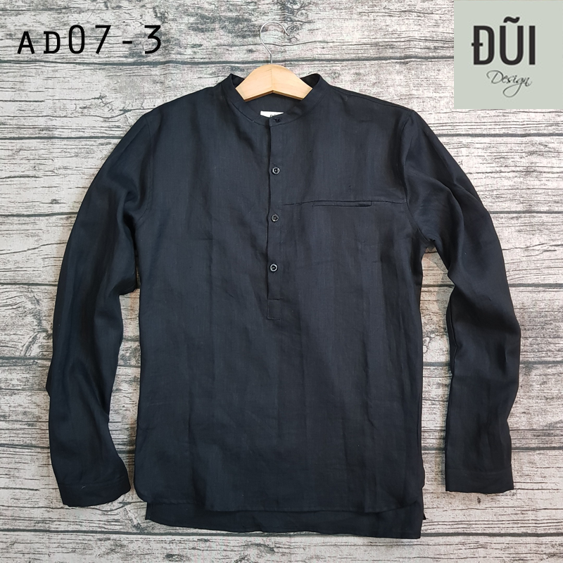 áo_sơ_mi_linen_nam_cổ_tàu_dài_tay_đen_M7 Áo đũi nam chui đầu dài tay đen M7