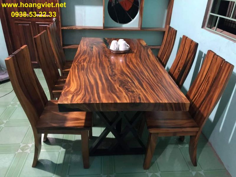 Bàn ăn gỗ me tây nguyên tấm 6 ghế Bàn ăn gỗ me tây nguyên tấm 6 ghế