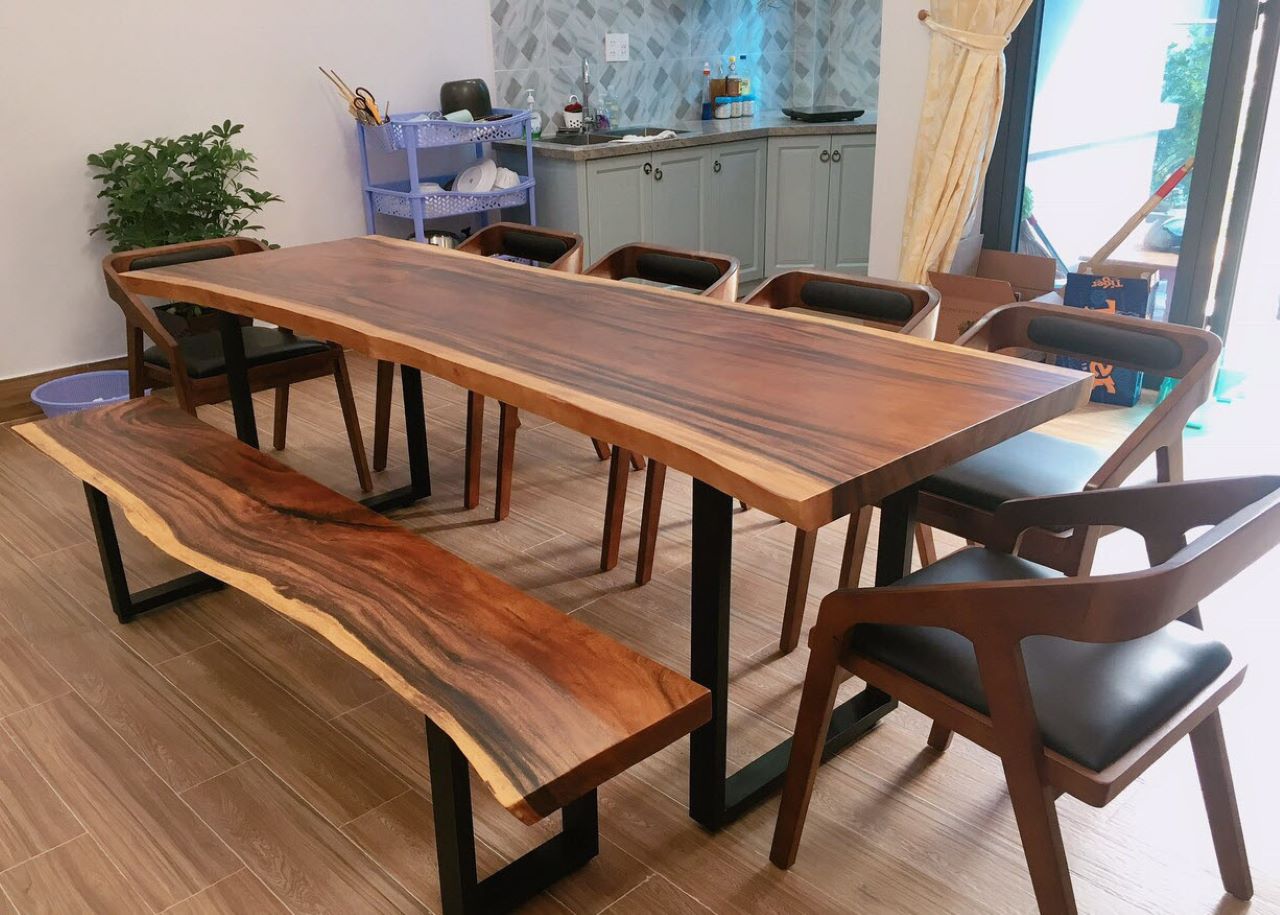Bàn ăn gỗ me tây nguyên khối + ghế băng dài Bàn ăn gỗ me tây nguyên khối + ghế băng dài