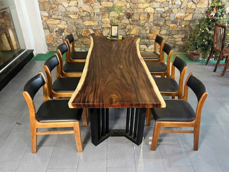 Bàn ăn gỗ me tây nguyên tấm 8 ghế bella Bàn ăn gỗ me tây nguyên tấm 8 ghế bella