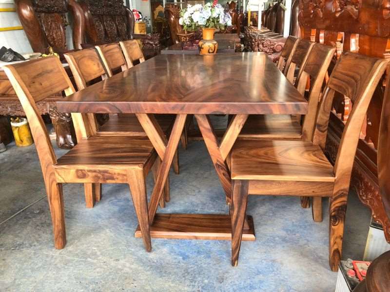 Bàn ăn 8 ghế gỗ me tây ghép 2 tấm Bàn ăn 8 ghế gỗ me tây ghép 2 tấm
