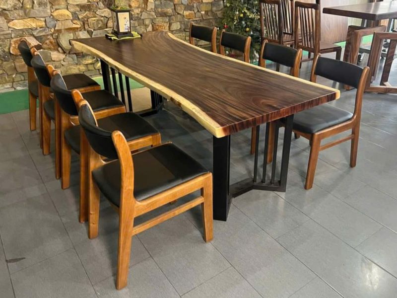 Bàn ăn gỗ me tây nguyên tấm 8 ghế bella Bàn ăn gỗ me tây nguyên tấm 8 ghế bella