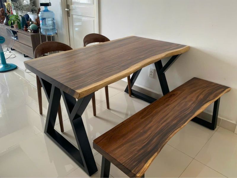 Bàn ăn ghế băng dài 4 người bằng gỗ me tây nguyên tấm Bàn ăn ghế băng dài 4 người bằng gỗ me tây nguyên tấm