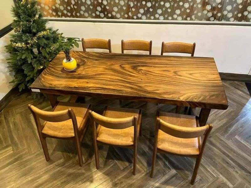 Bàn ăn gỗ me tây nguyên tấm kết hợp 6 ghế bella Bàn ăn gỗ me tây nguyên tấm kết hợp 6 ghế bella
