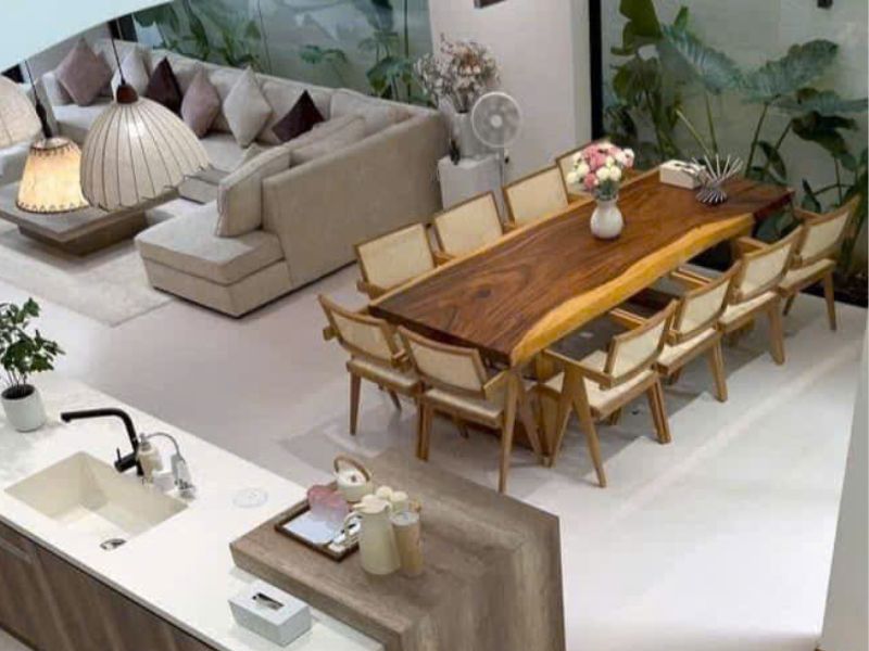 Bàn ăn gỗ me tây nguyên tấm 10 ghế Bàn ăn gỗ me tây nguyên tấm 10 ghế