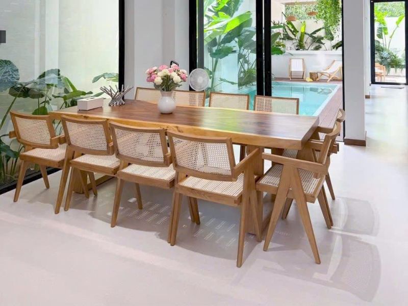 Bàn ăn gỗ me tây nguyên tấm 10 ghế Bàn ăn gỗ me tây nguyên tấm 10 ghế