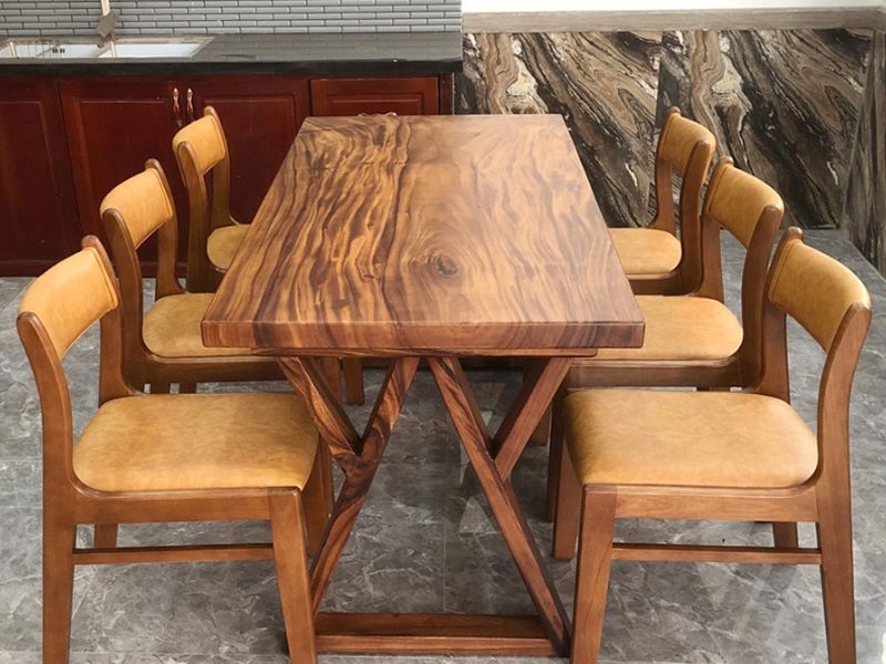 Bàn ăn gỗ me tây nguyên tấm 6 ghế bella Bàn ăn gỗ me tây nguyên tấm 6 ghế bella