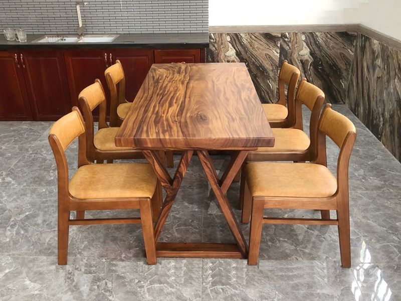 Bàn ăn gỗ me tây nguyên tấm 6 ghế bella Bàn ăn gỗ me tây nguyên tấm 6 ghế bella