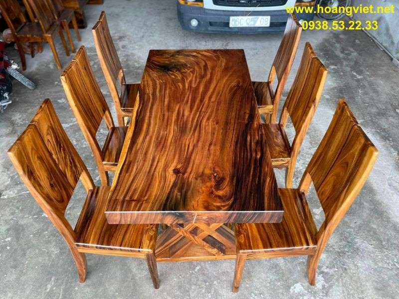 Bàn ăn mặt gỗ nguyên tấm 6 ghế me tây Bàn ăn mặt gỗ nguyên tấm 6 ghế me tây