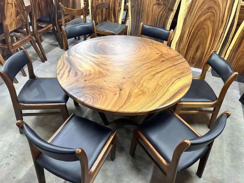 Bàn ăn tròn gỗ me tây nguyên khối 6 ghế Bàn ăn tròn gỗ me tây nguyên khối 6 ghế