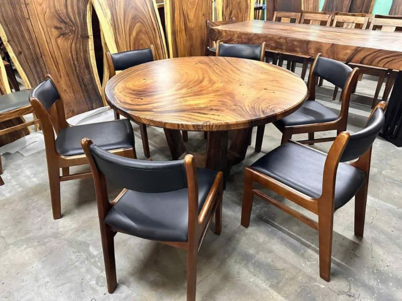 Bàn ăn tròn gỗ me tây nguyên khối 6 ghế Bàn ăn tròn gỗ me tây nguyên khối 6 ghế