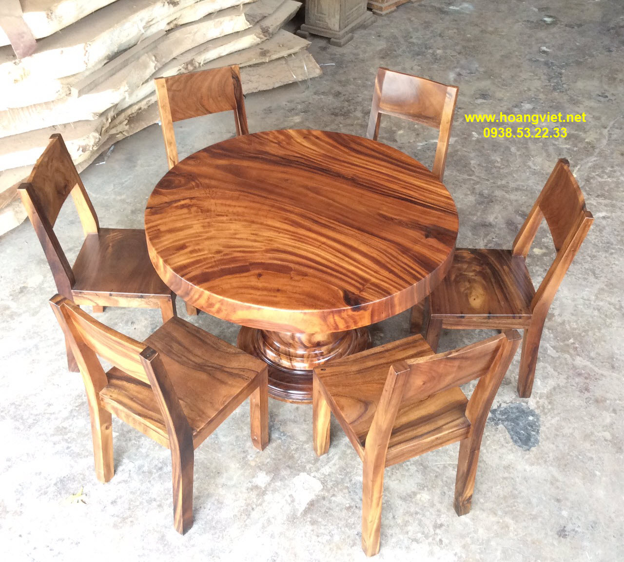 Bộ bàn ăn bằng gỗ me tây nguyên tấm 6 ghế đường kính 115cm dày 9.5cm Bộ bàn ăn bằng gỗ me tây nguyên tấm 6 ghế đường kính 115cm dày 9.5cm