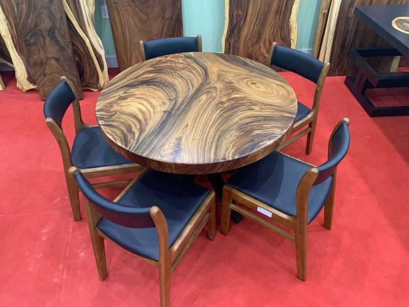 Bàn ăn tròn gỗ me tây nguyên khối 6 ghế Bàn ăn tròn gỗ me tây nguyên khối 6 ghế
