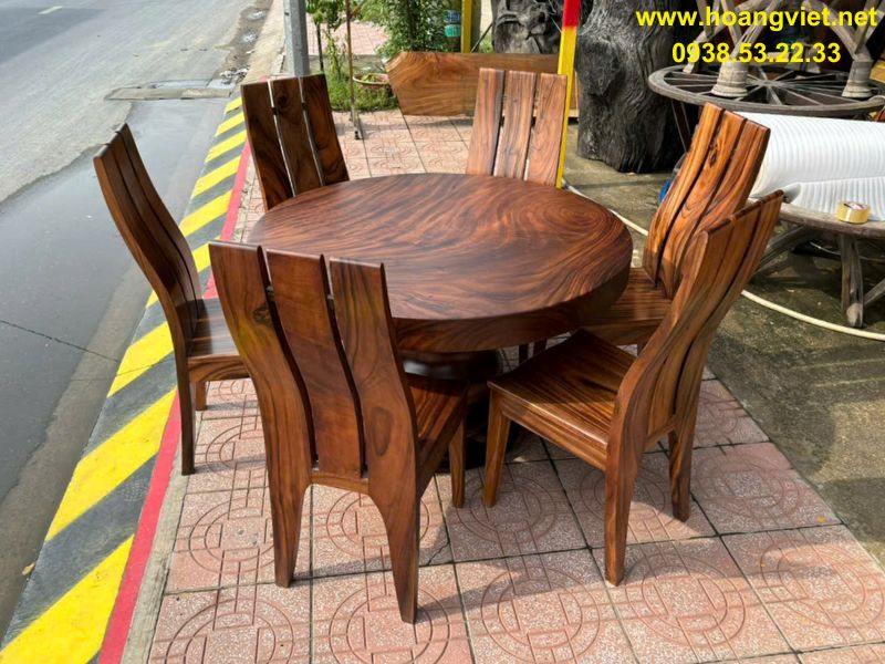 Bàn ăn tròn gỗ me tây nguyên tấm 6 ghế Bàn ăn tròn gỗ me tây nguyên tấm 6 ghế