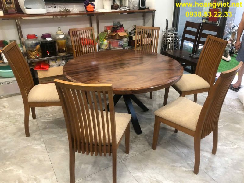 Bàn ăn tròn gỗ me tây ghép 2 tấm Bàn ăn tròn gỗ me tây ghép 2 tấm