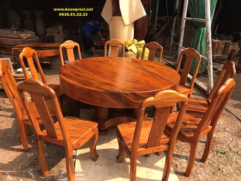 Bàn ăn tròn gỗ me tây nguyên khối 10 ghế Bàn ăn tròn gỗ me tây nguyên khối 10 ghế