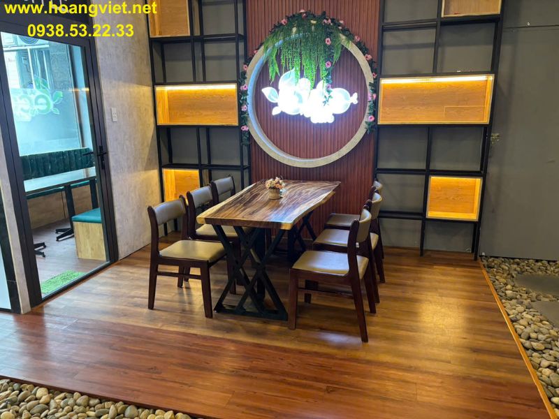 Bàn cafe gỗ me tây nguyên tấm 6 ghế Bàn cafe gỗ me tây nguyên tấm 6 ghế