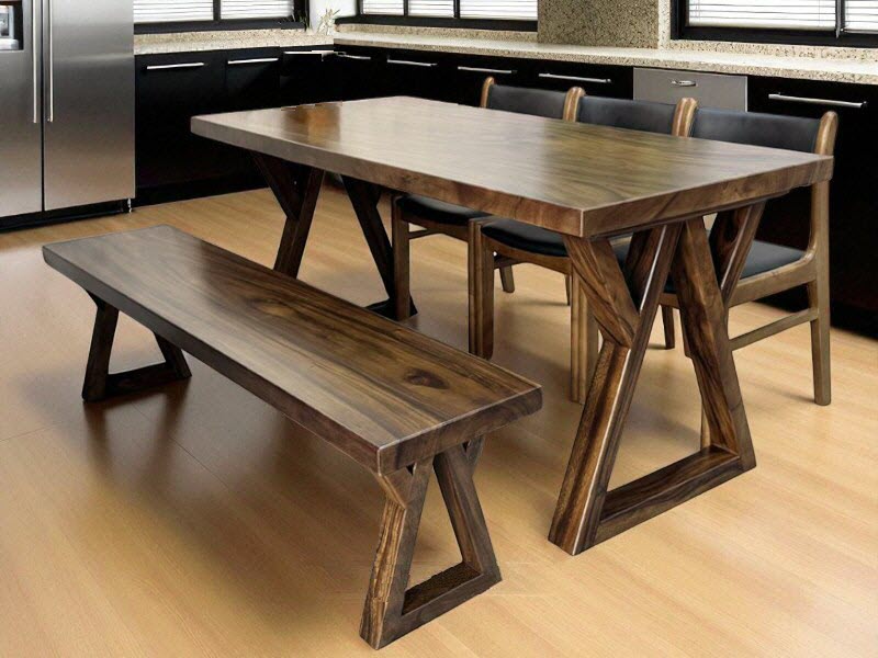 Bàn gỗ me tây nguyên tấm kết hợp ghế băng dài và chân A Bàn gỗ me tây nguyên tấm kết hợp ghế băng dài và chân A