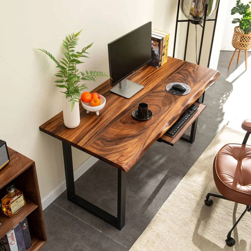 Bàn làm việc chân sắt mặt gỗ tự nhiên me tây 