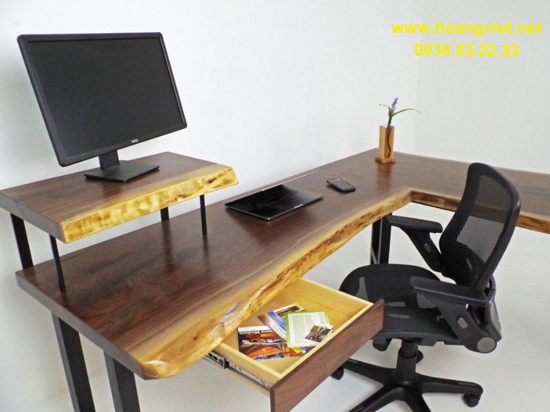 Bàn làm việc góc tường chữ L gỗ tự nhiên có ngăn kéo Bàn làm việc góc tường chữ L gỗ tự nhiên có ngăn kéo