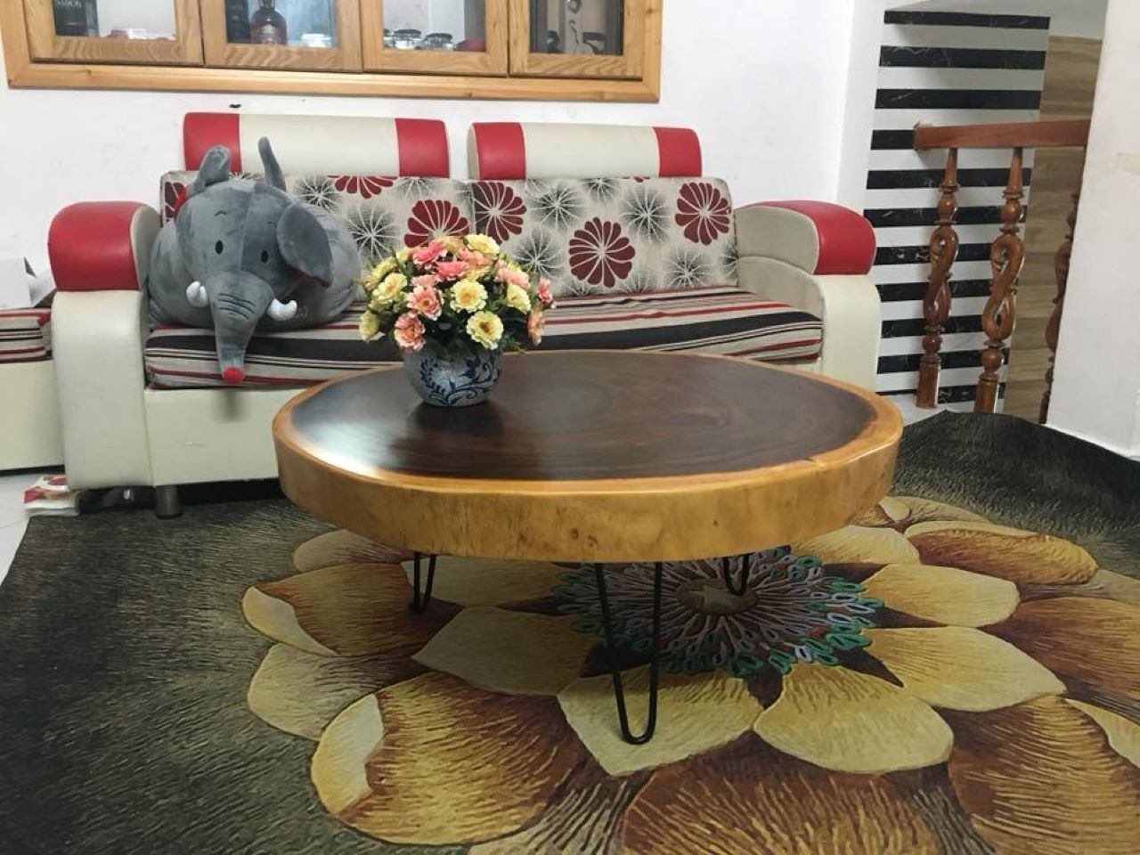 Bàn trà gỗ me tây nguyên khối chân bằng sắt