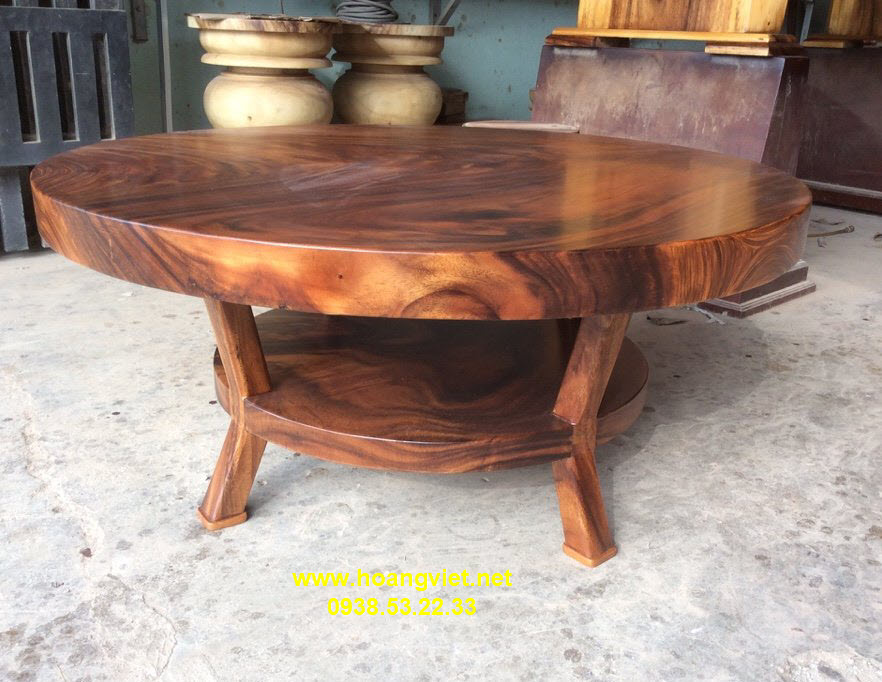Mẫu bàn trà tròn gỗ 2 tầng đẹp nhất với chất liệu gỗ me tây nguyên tấm