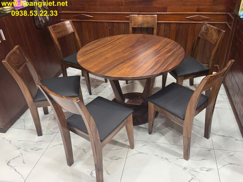 Bàn tròn gỗ me tây nguyên tấm 6 ghế Bàn tròn gỗ me tây nguyên tấm 6 ghế