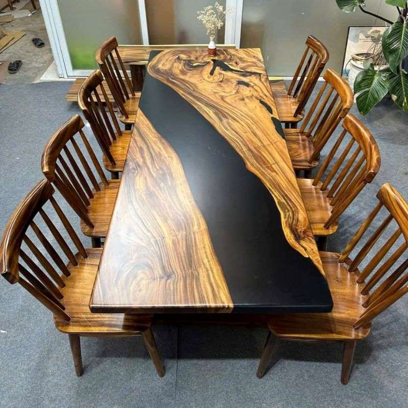 Bàn ăn gỗ me tây epoxy 8 ghế Bàn ăn gỗ me tây epoxy 8 ghế
