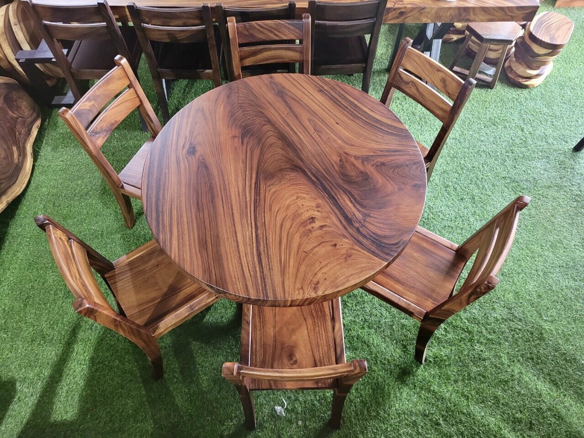 Bộ bàn tròn gỗ me tây nguyên tấm 6 ghế  Bộ bàn tròn gỗ me tây nguyên tấm 6 ghế