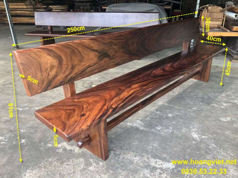 Ghế bằng dài có tựa gỗ me tây nguyên khối dài 2m5 Ghế bằng dài có tựa gỗ me tây nguyên khối dài 2m5