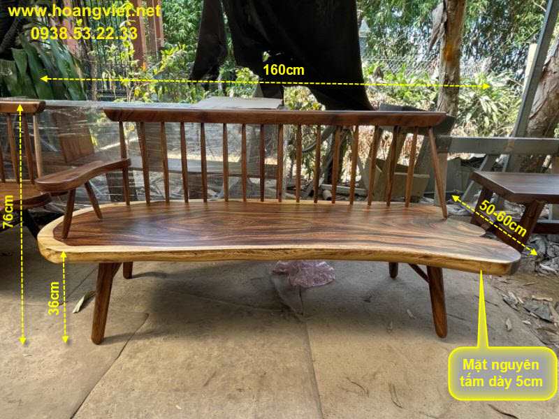 Kích thước ghế băng dài gỗ me tây với tựa lưng dạng nan Kích thước ghế băng dài gỗ me tây với tựa lưng dạng nan