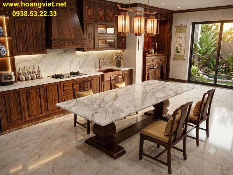 Mặt bàn đá kết hợp chân gỗ me tây Mặt bàn đá kết hợp chân gỗ me tây