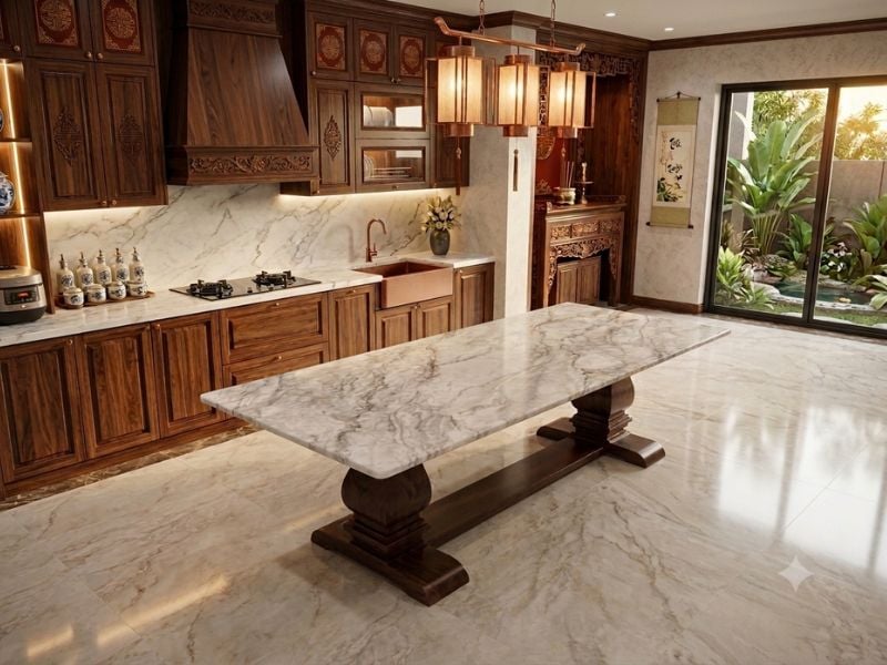 Mặt bàn đá kết hợp chân gỗ me tây Mặt bàn đá kết hợp chân gỗ me tây