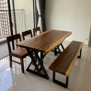 Bàn ăn ghế băng dài gỗ me tây 6 người (75-80)x5x160cm