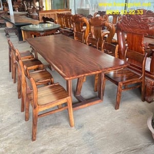 Bàn ăn gỗ me tây ghép 2 tấm 8 ghế 95x5x250cm cao 75cm