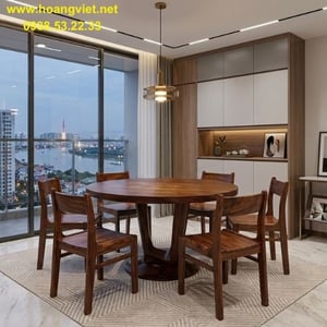Bàn ăn tròn 6 ghế bella gỗ me tây đk 1m2 dày 5cm cao 75cm