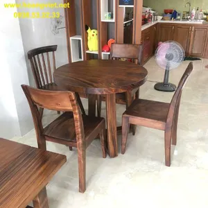 Bàn ăn tròn gỗ me tây 4 ghế đk 89cm dày 5cm