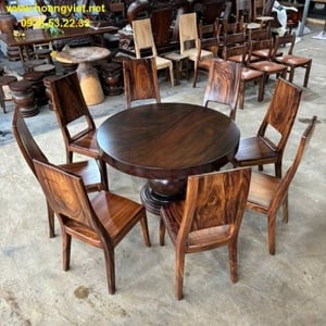 Bàn ăn tròn 8 ghế gỗ me tây nguyên tấm 1m2