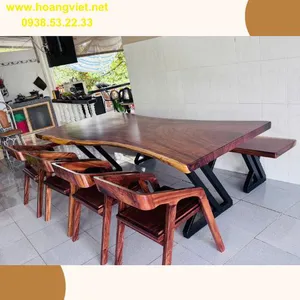 Bàn gỗ me tây ghế băng dài (85-100)x5x230cm cao 75cm