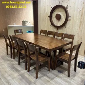Bàn gỗ me tây nguyên tấm 10 ghế 100x7x206cm cao 75cm