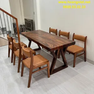 Bàn gỗ me tây nguyên tấm 6 ghế bella 75x7x180cm cao 75cm