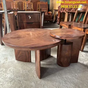 Bàn trà đôi tròn gỗ me tây nguyên tấm