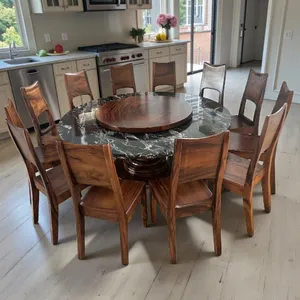 Bàn tròn 12 ghế mâm xoay gỗ me tây mặt đá 1m9 mâm xoay 1m1