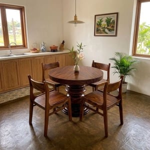 Bàn tròn 4 ghế gỗ me tây mặt đk 95cm dày 7cm cao 75cm