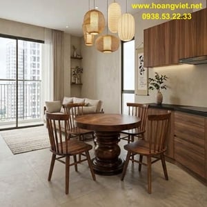 Bàn tròn 4 ghế gỗ me tây nguyên tấm đk 95cm dày 7cm cao 75cm