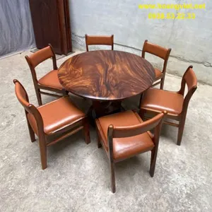 Bàn tròn gỗ me tây 6 ghế bella đk 107cm dày 5cm cao 75cm