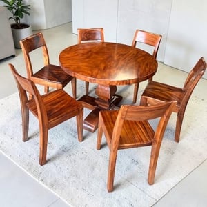 Bàn tròn gỗ me tây 6 ghế đường kính 1m05 dày 5cm