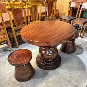 Bàn tròn gỗ me tây nguyên tấm 2 đôn đường kính 95cm cao 75cm