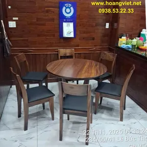 Bàn tròn gỗ me tây nguyên tấm 6 ghế đk 1m1 dày 5cm cao 75cm